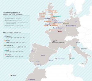 Accès aux Gîtes par avion - Carte des désertes aéroport de Bergerac